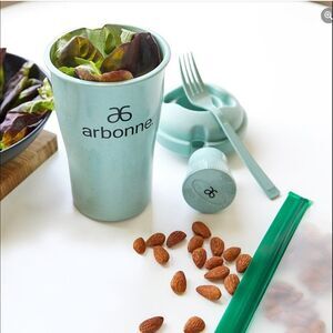 NEW Arbonne on the go Meal Salad Shaker Container NEW Fork & Salad Dressing Cup